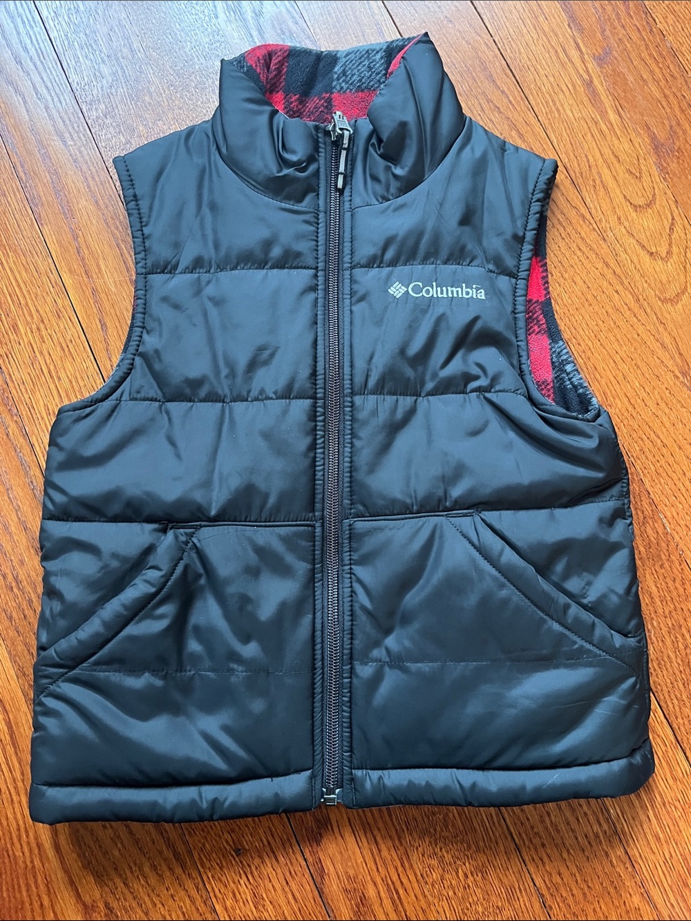 Columbia Black Puffer Vest with Red Plaid Trim